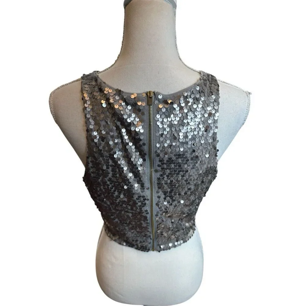 Express Sequin Crop Sparkly Tank Top Grey & Silver Sequin Y2K